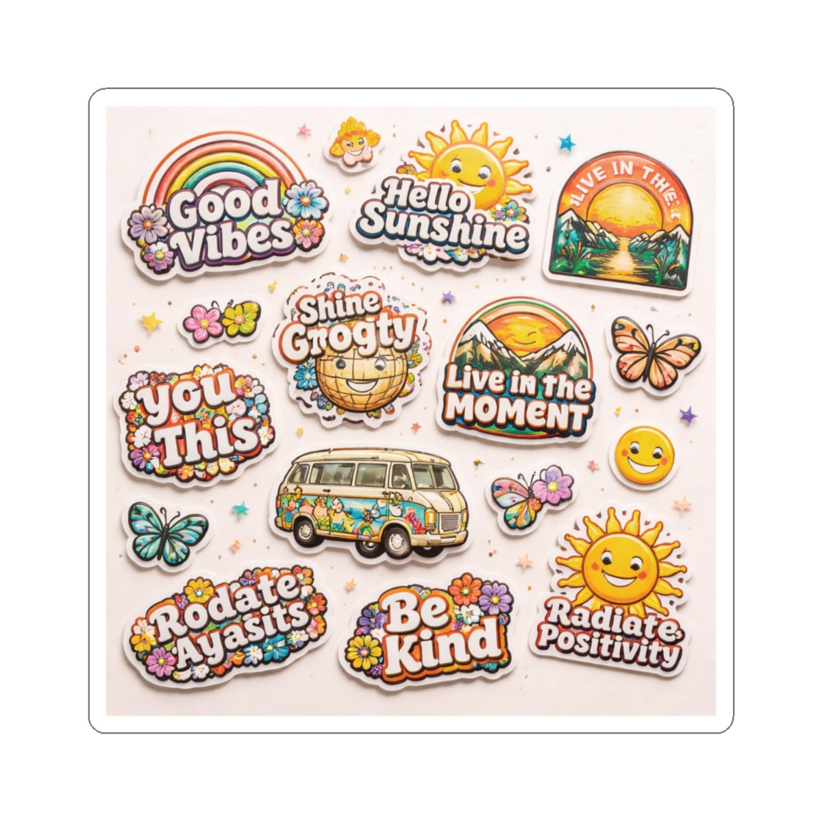 Positive Vibes Kiss-Cut Sticker Sheet — Retro Sunshine & Inspirational Messages